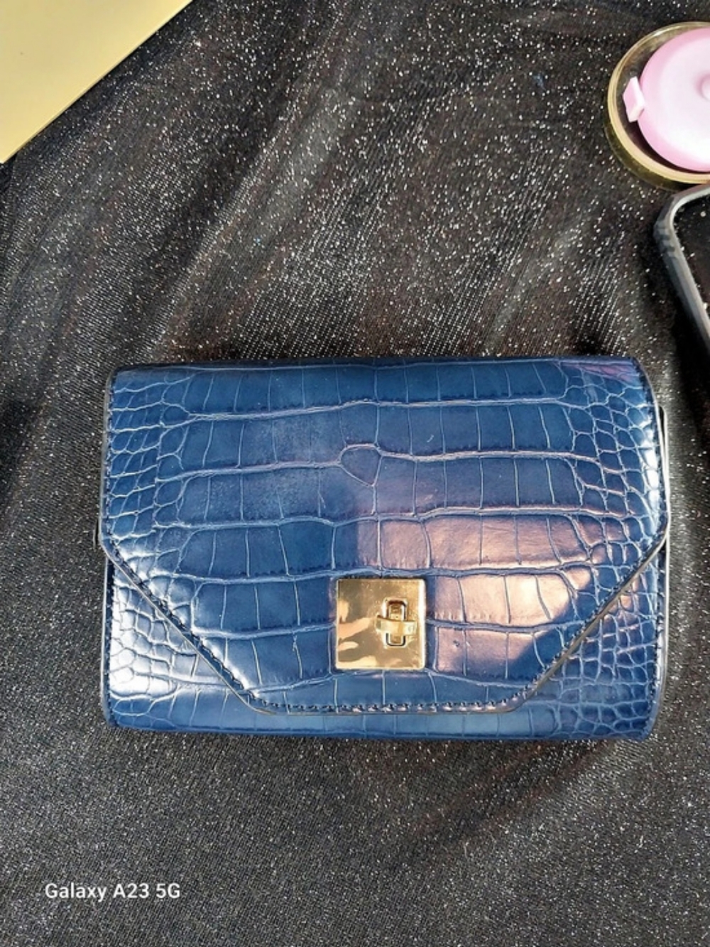 Moda Luxe Blue Crocodile-Embossed Clutch/Crossbody Bag Gold Hardware